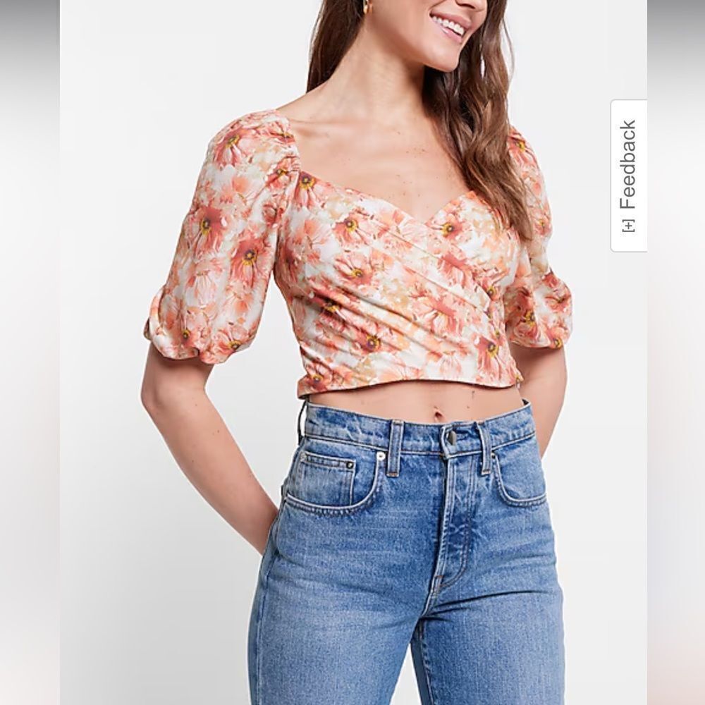 NWT Express Satin Floral Print Faux Wrap Tie Back Cropped Top